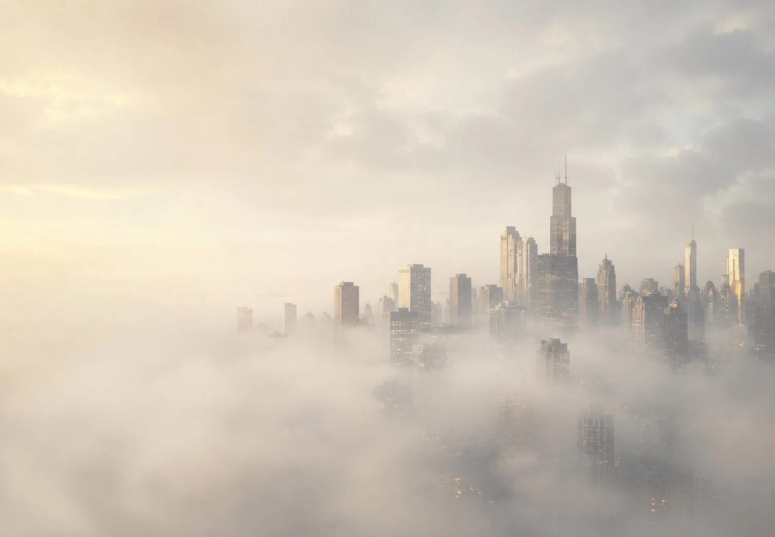 Chicago skyline from above at dusk