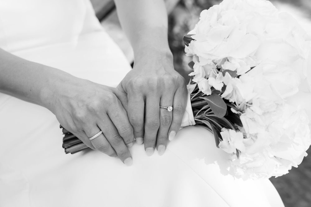 Wedding rings on a bride's hands resting on a white bouquet